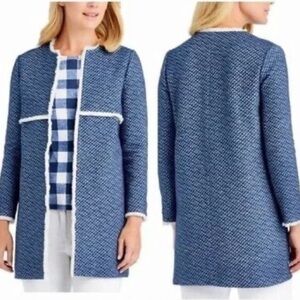 J. McLaughlin Blue Tweed Long Line Car Coat Metallic Thread Fringe